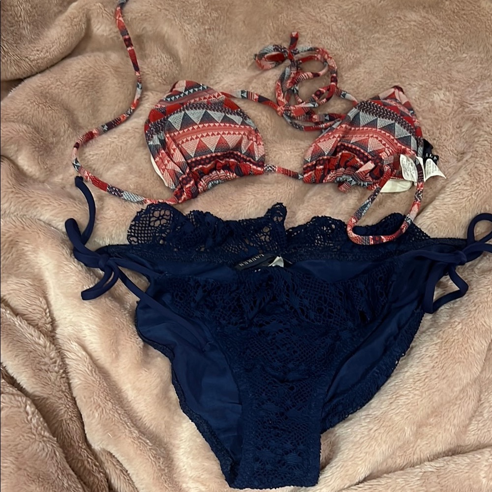 Ralph Lauren Colorful Geometric Bikini Top and Navy Lace Bottom